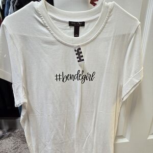 Henri Bendel Cream Short Sleeve Tee with Hashtag Print